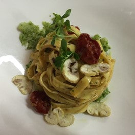 Lemon Pepper Fettuccine with Sea Urchin (or Crab), Broccoli Mash, and Chestnut