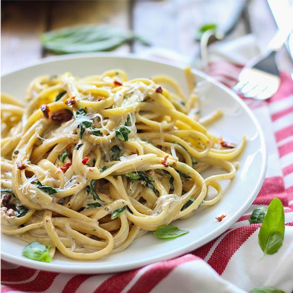 Spaghetti alla Chitarra with Spinach, Sundried Tomatoes and Goat Cheese.