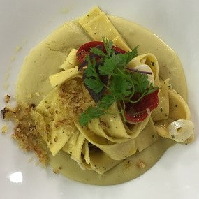 Golden Egg Pappardelle with Chili Peppers and Fava Bean Purée